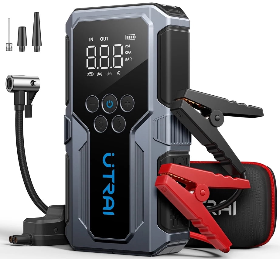 UTRAI 3000A Car Jump Starter with Air Compressor 150PSI, 12V Car Battery Charger Power Jumper Starter Pack with 18W QC Power Bank, LED Screen, 3 Modes Flashlight